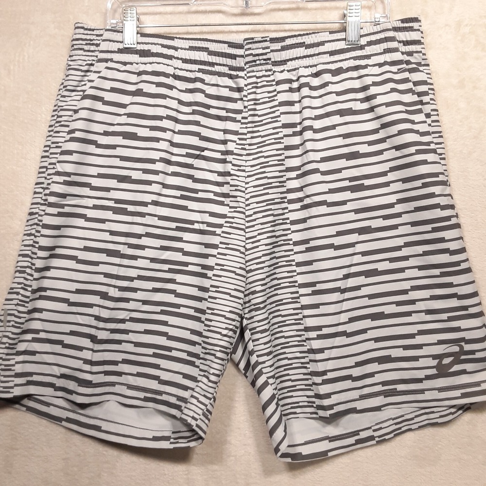 ASICS Mens Motion Dry Running Shorts Sz.XL/Gray-Striped/Drawstring/Athleisure